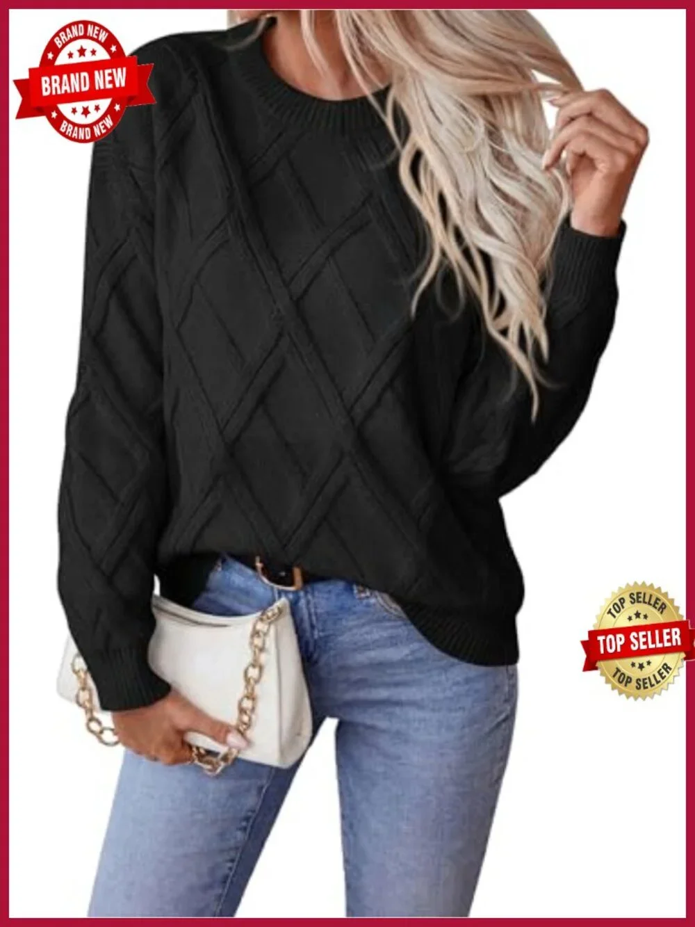 Women's Cable Knit Crewneck Pullover Sweater Loose Fit Cozy Fall Winter